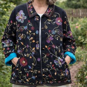 Quacker Factory Embroidered Butterfly Floral Jacket Top Black Cotton Medium
